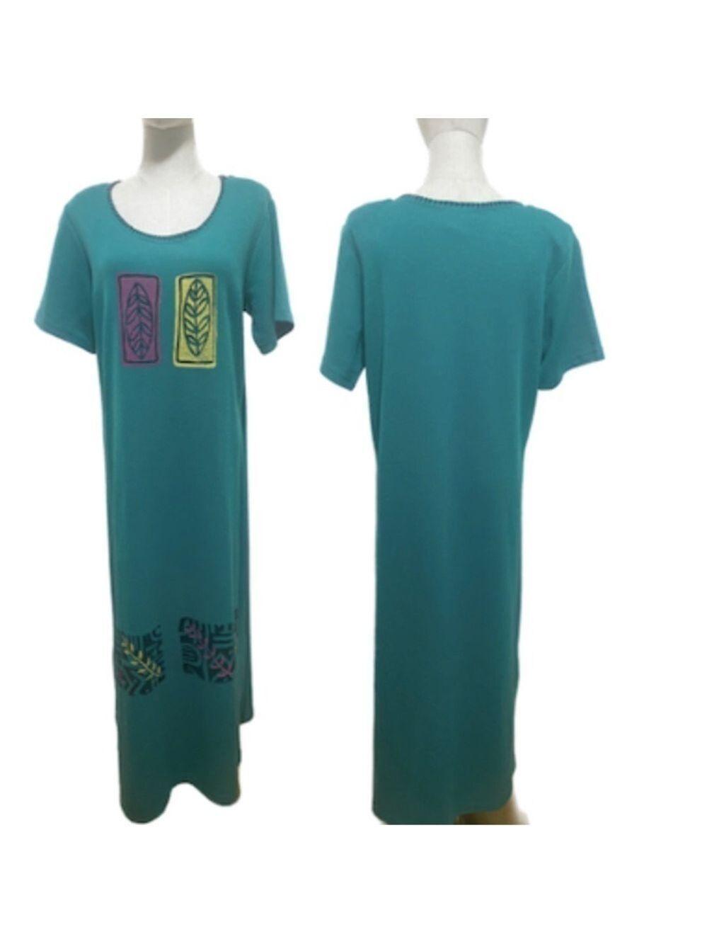 Vintage COURTWELL GREEN W SILKSCREEN LEAF PRINT - COTTON BLEND MAXI DRESS SZ M